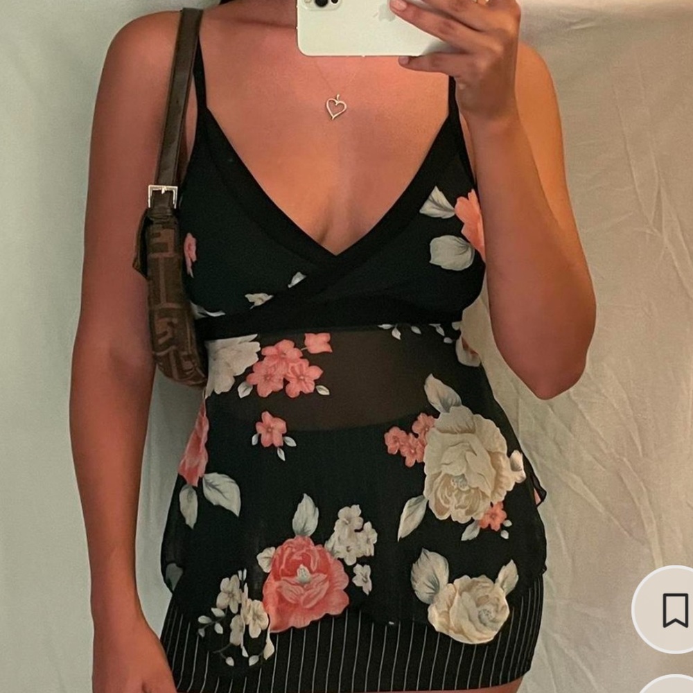 Vintage sheer mesh black floral milkmaid babydoll cami crop top